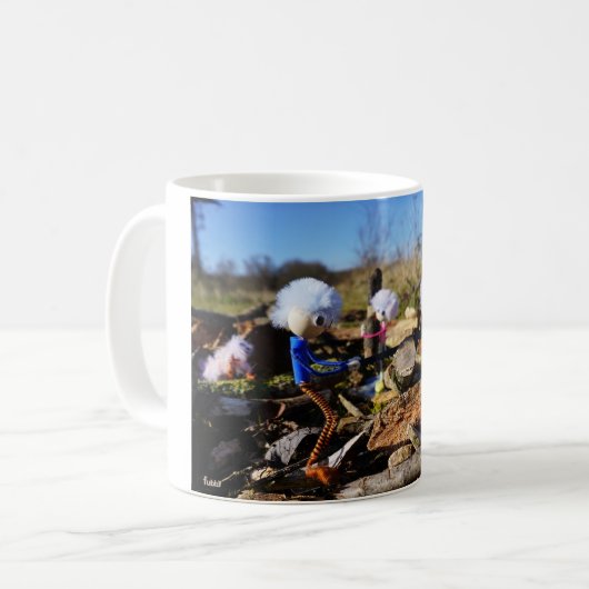 Samenwerking van Fubby poppetjes op een houtwerkpl Kaffeetasse (Vorderseite Links)