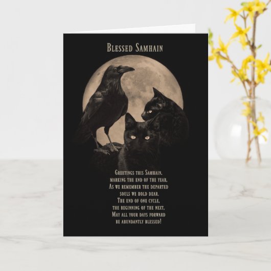 Samhain Blessings Raven and Black Cat Karte (Gelbe Blume)