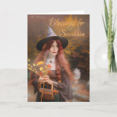 Samhain Blessings Witch Holding Herbst Bouquet Karte (Vorderseite)