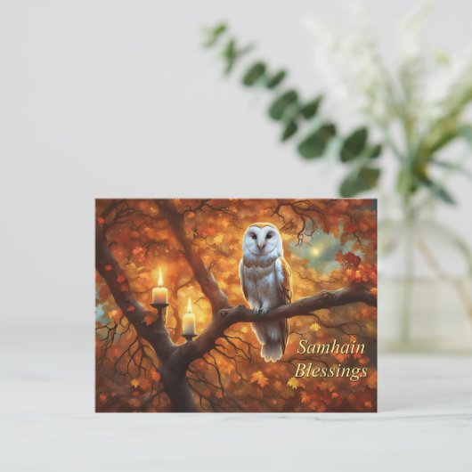 Samhain Holiday mit Owl Candles Postkarte (Stehend Vorderseite)