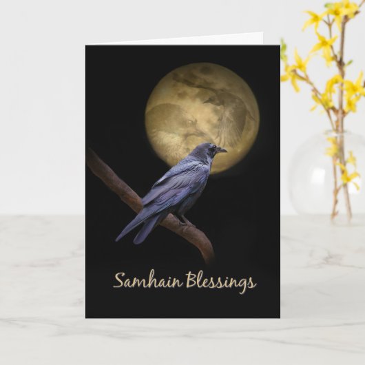 Samhain keltische Segnungen, raven oder crow Karte (Gelbe Blume)