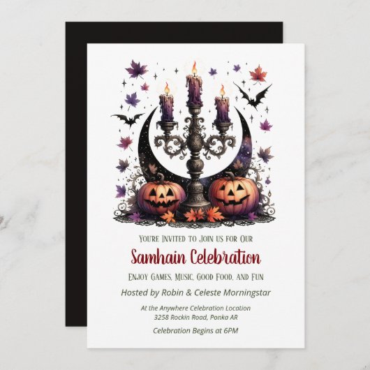 Samhain Moon Bats & Pumpkins Fall Halloween-Party Einladung (Vorne/Hinten)