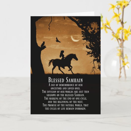 Samhain Pagan Pferd und Reiter mit Owl und Raven C Karte (Gelbe Blume)