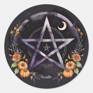 Samhain Pentakel und Herbstkürbis Hexe Runder Aufkleber
