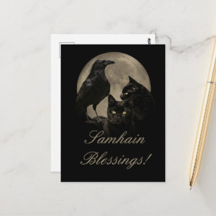 Samhain Rabe und schwarze Katze pagan  Postkarte