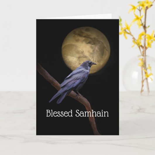 Samhain Raven Crow und Moon Gedicht Karte (Gelbe Blume)