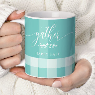 Sammeln Sie Happy Fall Teal & White Büffel Karo Kaffeetasse