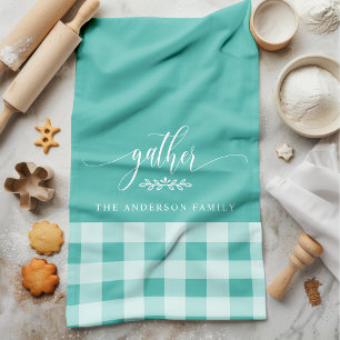Sammeln Sie Herbst-Teal- und Weißbüffel-Karo Geschirrtuch