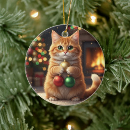 Sammlerkatze Weihnachten Stolze Katze hält Lichter Keramik Ornament
