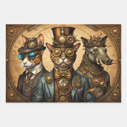 Sammlung Steampunk Animal - Kitty Trio Geschenkpapier Set (Vorderseite)