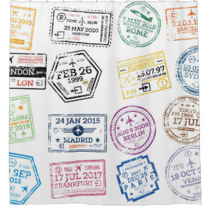 Sammlung von Passport-Briefmarke Abgeschieden auf  Duschvorhang