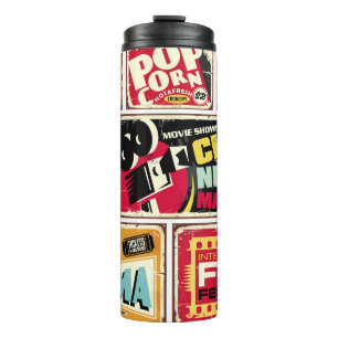 Sammlung von Vintage-Kino-Zinnschildern. Filmindus Thermosbecher