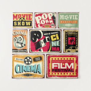 Sammlung von Vintage-Kino-Zinnschildern. Filmindus Wandteppich