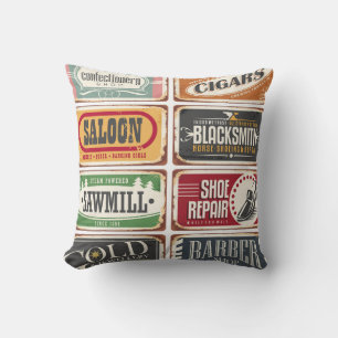 Sammlung von Vintage-Shop-Postern. Retro-Laden-Zin Kissen