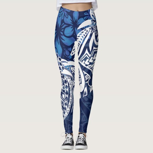 Samoan - Hawaiisch - Polynesisch Blue Tribal Print Leggings (Vorderseite)