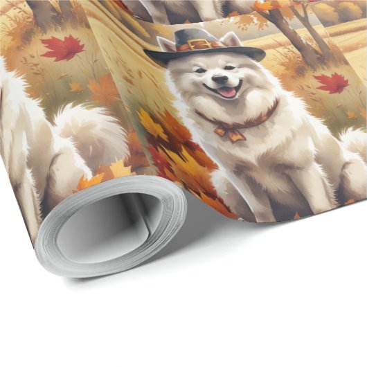 Samoed in Herbst Blätter Erntedank Kunst Geschenkpapier (Rolleneckpunkt)