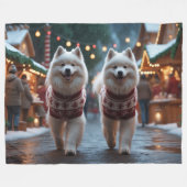 Samojedden Hunde Weihnachten Schnee Urlaub Fleecedecke (Vorderseite (Horizontal))