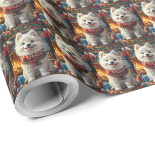 Samojede-Hund mit Weihnachtsgeschenken Kamin Geschenkpapier