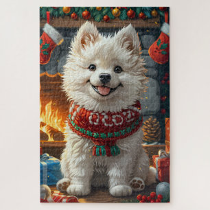 Samojede-Hund mit Weihnachtsgeschenken Kamin Puzzle