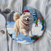 Samojede läuft im Schnee mit Weihnachtsmütze Button (Beispiel)