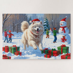 Samojede läuft im Schnee mit Weihnachtsmütze Puzzle