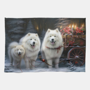 Samojede Schneebedeckter Schlitten Weihnachtsdekor Geschirrtuch