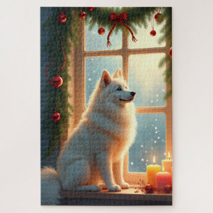 Samojede unter dem Mistelzweig Weihnachtsbild Puzzle
