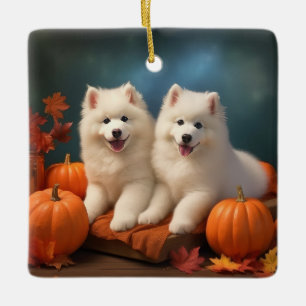 Samojede Welpe Herbstfreude Kürbis Keramikornament
