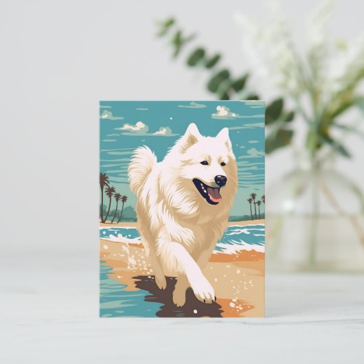 Samoyed am Strand Postkarte (Stehend Vorderseite)