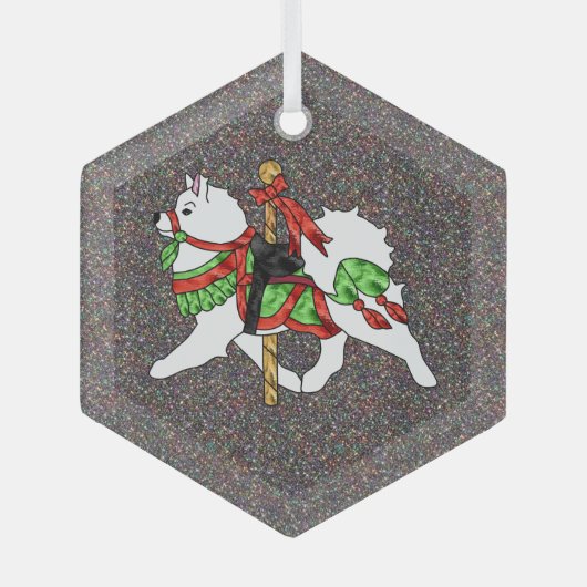 Samoyed Carousel Horse Glass Hexagonal Ornament BK (Vorderseite)