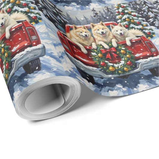 Samoyed Christmas Red Truck Holiday Geschenkpapier (Rolleneckpunkt)