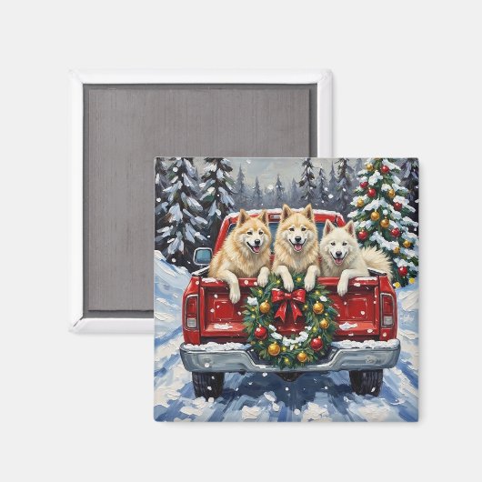 Samoyed Christmas Red Truck Holiday Magnet (Vorderseite/Rückseite)