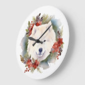 Samoyed Christmas Wreath Festivals Große Wanduhr (Winkel)