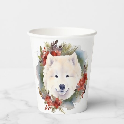 Samoyed Christmas Wreath Festivals Pappbecher (Rückseite)