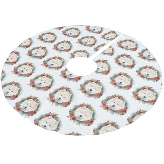 Samoyed Christmas Wreath Festivals Polyester Weihnachtsbaumdecke (Schrägansicht)