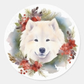 Samoyed Christmas Wreath Festivals Runder Aufkleber (Vorderseite)