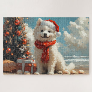 Samoyed Dog Christmas Vintag Beach Puzzle