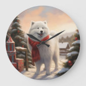 Samoyed Dog in Schneehochweihen Große Wanduhr (Vorderseite)