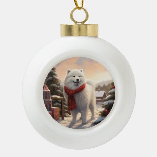 Samoyed Dog in Schneehochweihen Keramik Kugel-Ornament (Vorderseite)