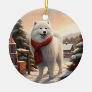 Samoyed Dog in Schneehochweihen Keramik Ornament