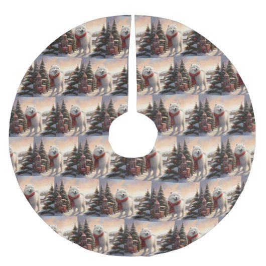 Samoyed Dog in Schneehochweihen Polyester Weihnachtsbaumdecke (Vorderseite)