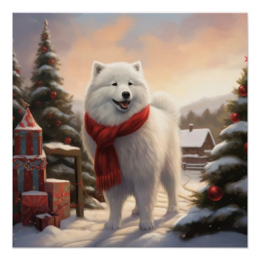 Samoyed Dog in Schneehochweihen Poster (Vorderseite)