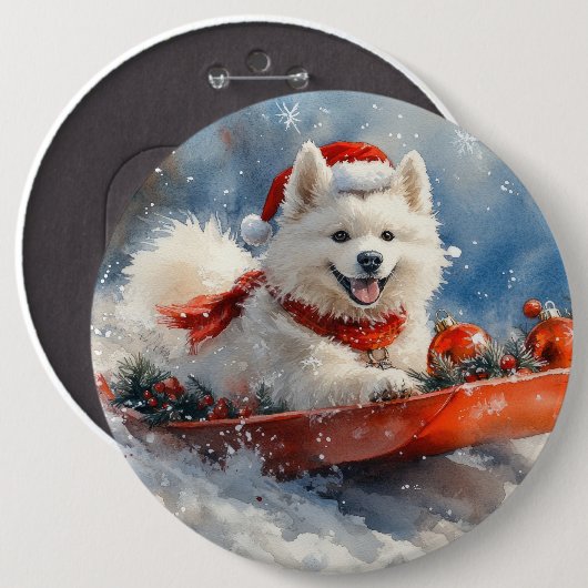 Samoyed Dog in Sledge Let it Snow Christmas Button (Vorne & Hinten)