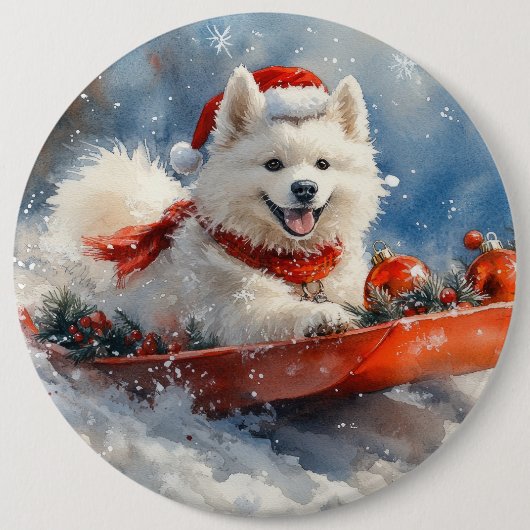 Samoyed Dog in Sledge Let it Snow Christmas Button (Vorderseite)