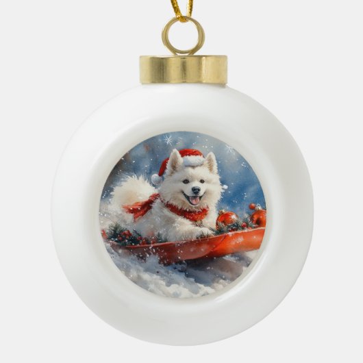 Samoyed Dog in Sledge Let it Snow Christmas Keramik Kugel-Ornament (Vorderseite)