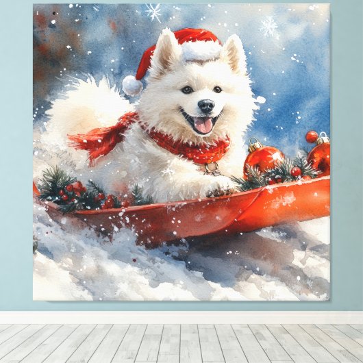 Samoyed Dog in Sledge Let it Snow Christmas Leinwanddruck (Insitu (Holzboden))