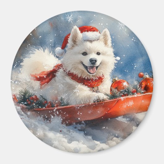 Samoyed Dog in Sledge Let it Snow Christmas Magnet (Vorne)