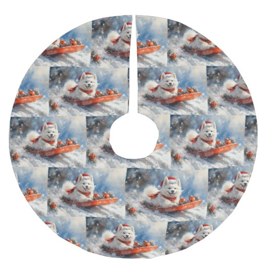 Samoyed Dog in Sledge Let it Snow Christmas Polyester Weihnachtsbaumdecke (Vorderseite)
