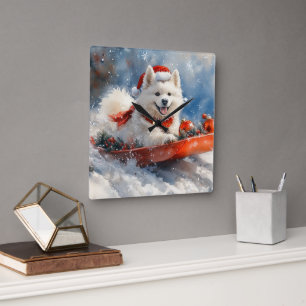Samoyed Dog in Sledge Let it Snow Christmas Quadratische Wanduhr
