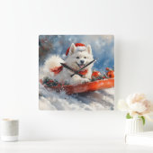 Samoyed Dog in Sledge Let it Snow Christmas Quadratische Wanduhr (Zuhause)